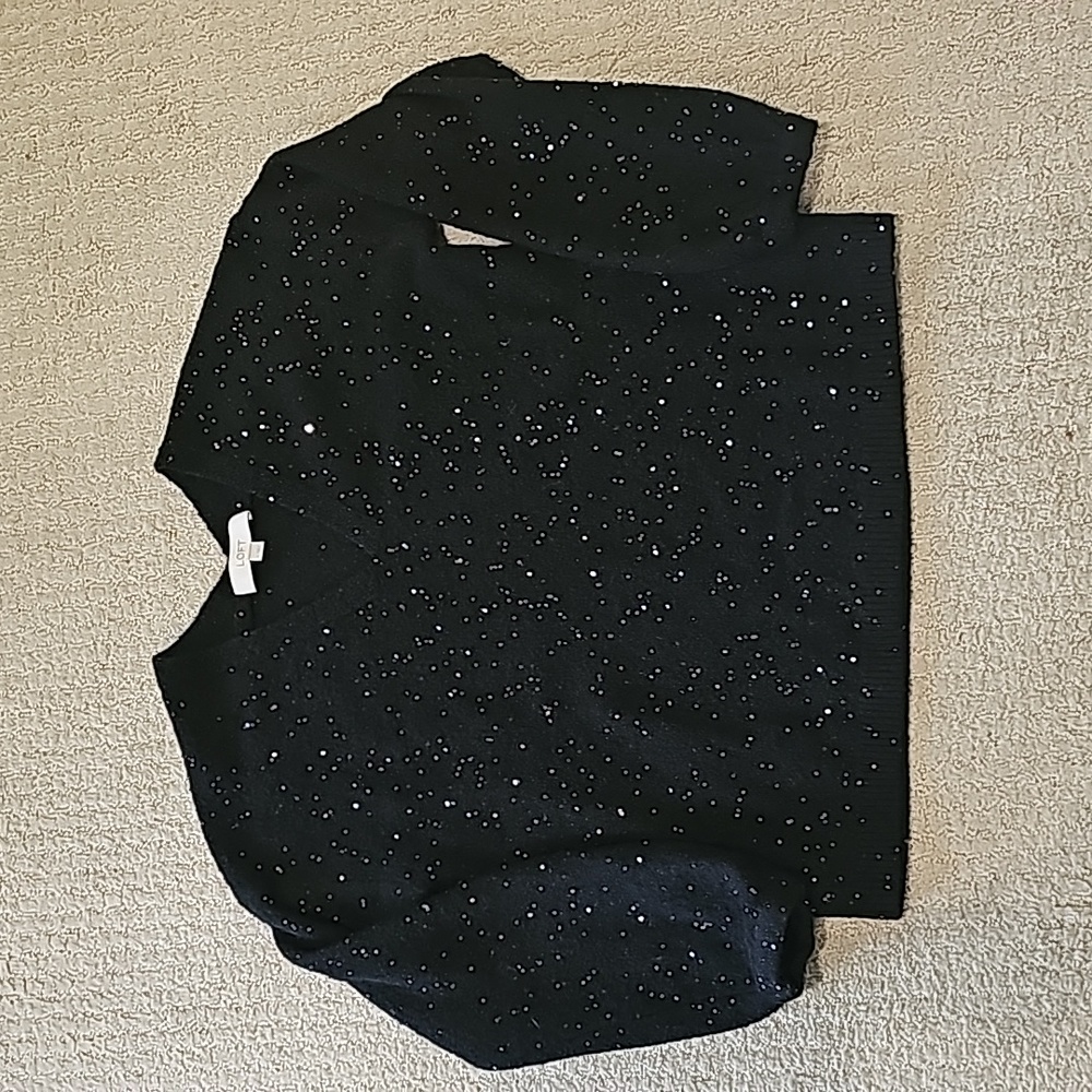 Black Loft v-neck sweater with sequins, size medium